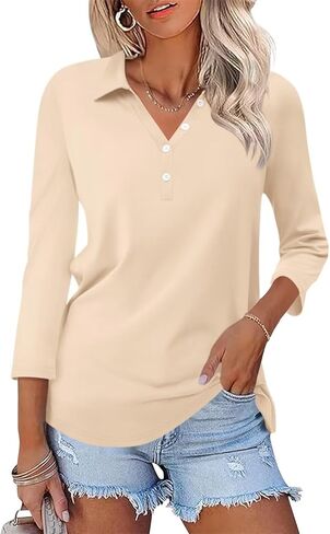 ORANDESIGNE Women's 3/4 Sleeves V Neck Polo Shirts Summer Button Tops Casual Collar Basic Cute Tees Black in Saudi Arabia