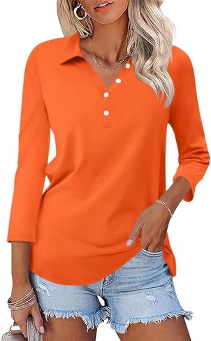 ORANDESIGNE Women's 3/4 Sleeves V Neck Polo Shirts Summer Button Tops Casual Collar Basic Cute Tees Black in Saudi Arabia