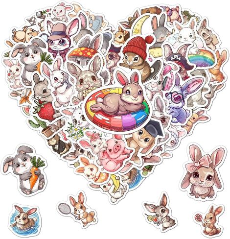 Pack 50 Pcs Cute Animal Bunny Rabbit Stickers for Water Bottles Funny Laptop Luggage Computer Scrapbooking Teens Girls Boys Adults Waterproof Aesthetic Sticker Small Vinyl Decals in Kuwait