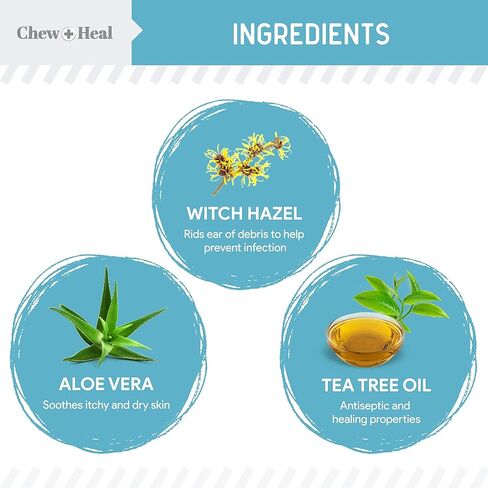محلول منظف للأذن للقطط والكلاب من Chew + Heal - قطارة 118 مل - قطرات غسيل أذن الحيوانات الأليفة لمنع العدوى وإزالة الحطام - الصبار المهدئ والبندق الساحر وزيت شجرة الشاي in Kuwait
