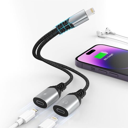 محول مقسم Lightning مزدوج من Opluz، سماعة رأس وشاحن 2 في 1 لهاتف iPhone، يدعم المكالمات والشحن السريع، معتمد من MFI in Kuwait