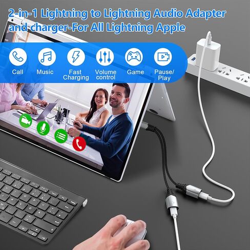 محول مقسم Lightning مزدوج من Opluz، سماعة رأس وشاحن 2 في 1 لهاتف iPhone، يدعم المكالمات والشحن السريع، معتمد من MFI in Kuwait