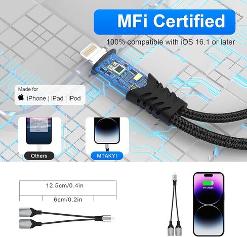 محول مقسم Lightning مزدوج من Opluz، سماعة رأس وشاحن 2 في 1 لهاتف iPhone، يدعم المكالمات والشحن السريع، معتمد من MFI in Kuwait