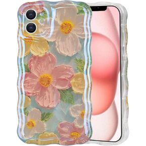 IDweel Case for iPhone 14, Luxury Colorful Retro Oil Painting Printed Flower Glossy Pattern Cute Curly Wave Edge Exquisite Phone Cover Stylish Sturdy TPU Protective Case for Girls Women,Green-1