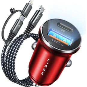 [معتمد للسلامة] شاحن سيارة iPhone 15، LISEN شحن سريع 36 وات ولاعة سجائر USB شاحن سيارة iPhone USB C مع 2 في 1 USB C وكابل Lightning لهاتف iPhone 15، أحمر