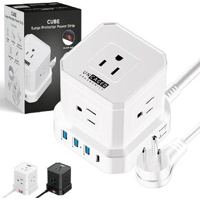 Power Strip with USB Ports, Flat Plug Power Strip Cube, Surge Protector with USB Ports 10ft Extension Cord 5AC Plugs + 3 USB + 1 USB-C Fast Charging, Mountable On/Off Switch Desktop Charging Station