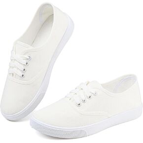 Womens White Canvas Sneakers Lightweight Lace Up Fashion Comfortable Canvas Shoes Low Top Slip On Casual Tennis Walking Shoes Women Footwear