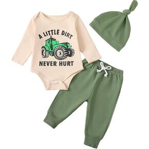 Kayotuas Baby Boy Farm Clothes Newborn Tractor Outfit Letter Long Sleeve Romper Pants Hat 3 Piece Set Fall Coming Home Outfit