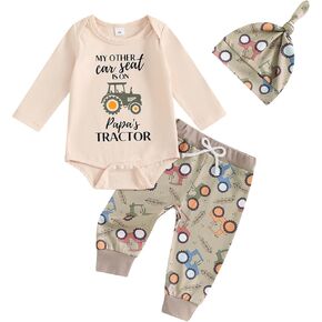 Kayotuas Baby Boy Farm Clothes Newborn Tractor Outfit Letter Long Sleeve Romper Pants Hat 3 Piece Set Fall Coming Home Outfit