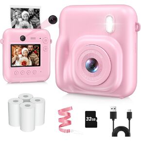 Kids Camera Instant Print, Dual-Lens 48MP Digital Camera for Christmas Birthday Gifts, 1080P Selfie Instant Cameras for Kids with 32GB SD Card, Portable Camera for Over 3 Years Old Girls Boys-Pink