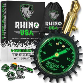Rhino USA Heavy Duty Tire Pressure Gauge (0-75 PSI) - Certified ANSI B40.1 Accurate, Large 2" Easy Read Glow Dial, Premium Braided Hose, Solid Brass Hardware, Best for Any Car, Truck, Motorcycle, RV…