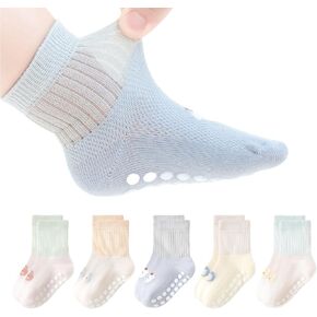 Anti-Slip Cartoon Baby Socks, Mesh Non-Skid Crew Socks with Grips for Infants, Toddlers, Girls, Boys, 5 Packs