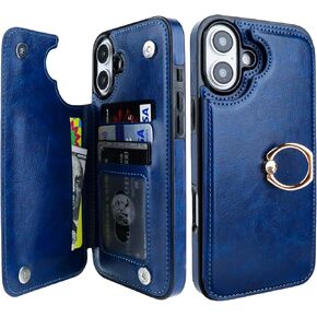 for iPhone 16 Plus Wallet Case with Card Holder, 360° Rotation Ring Kickstand RFID Blocking PU Leather Double Magnetic Clasp Shockproof Cover for Women and Girls 6.7 Inch (White)