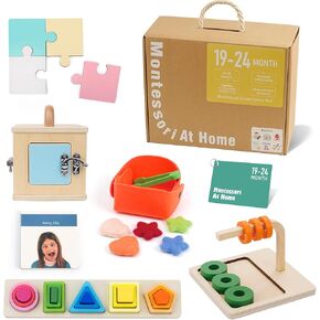 Hidoggy Wooden Montessori Toys for 1+ Year Old,6 in 1 Learning Educational Toys for Toddler, Includes Color Sorting, Shape Matching, Wooden Lock Box Toy and More(19-24m Educational Box)