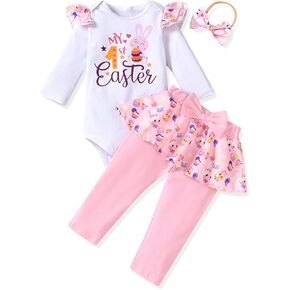 HINTINA Infant Baby Girl My First Easter Outfit Bunny Rabbit Printed Pants Headband Clothes Set
