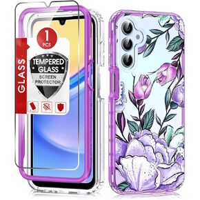 حافظة هاتف LeYi لهاتف Galaxy A15-5G: حافظة سامسونج A15 5G مع واقي شاشة زجاجي، غطاء حماية متين بطبقة مزدوجة من الزهور الجميلة للفتيات والنساء، أرجواني