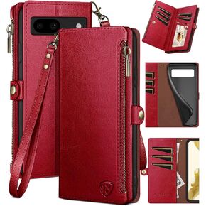 XcaseBar for Google Pixel 8A Wallet case with Zipper Credit Card Holder【RFID Blocking】, Flip Folio Book PU Leather Phone case Shockproof Cover Women Men for Pixel 8A case Wine Red