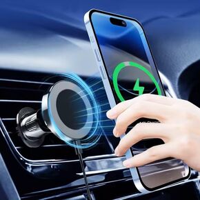 SASHWA Wireless Car Vent Mount, 15W Magnetic Charger for iPhone 15/14/13/12 and Android, Superstrong Grip, 360° Rotation, Fast Charging Cable Included, Metal Ring with Sticker