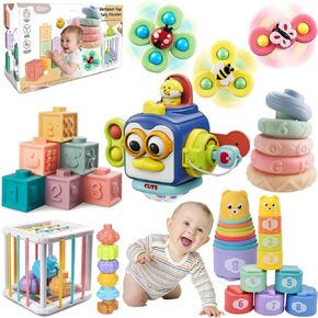 Baby Toys 6 to 12 Months, Montessori Toys for Toddlers 1-3 Year Old, Busy Cube Teether Infants Bath Toys 6 in 1 Stacking Blocks Rings, Suction Cup Spinner Toy, Shape Bin Sensory Toys. (0035)