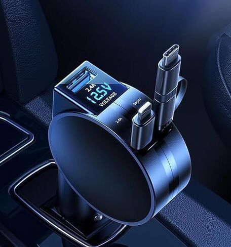 شاحن سيارة قابل للسحب 4 في 1 شحن فائق السرعة، كابلات صغيرة قابلة للسحب من النوع C، منافذ USB، محول شاحن سيارة سريع 60 وات متوافق مع iPhone 15/14/13/12/11 Pro، Android، Pixel، iPad/iPod in Saudi Arabia