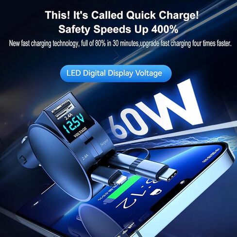 شاحن سيارة قابل للسحب 4 في 1 شحن فائق السرعة، كابلات صغيرة قابلة للسحب من النوع C، منافذ USB، محول شاحن سيارة سريع 60 وات متوافق مع iPhone 15/14/13/12/11 Pro، Android، Pixel، iPad/iPod in Saudi Arabia