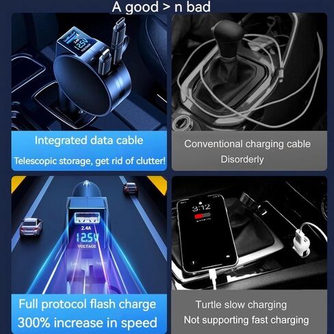 شاحن سيارة قابل للسحب 4 في 1 شحن فائق السرعة، كابلات صغيرة قابلة للسحب من النوع C، منافذ USB، محول شاحن سيارة سريع 60 وات متوافق مع iPhone 15/14/13/12/11 Pro، Android، Pixel، iPad/iPod in Saudi Arabia