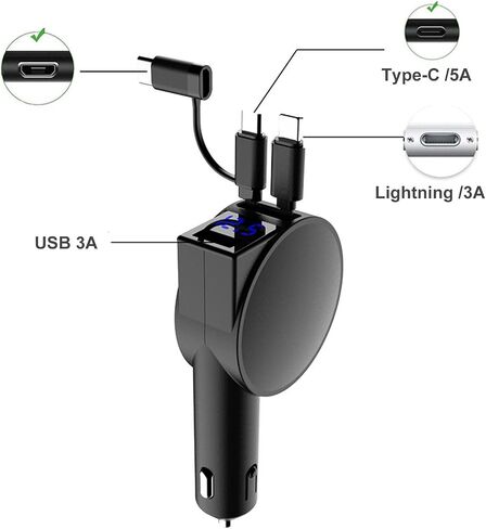شاحن سيارة قابل للسحب 4 في 1 شحن فائق السرعة، كابلات صغيرة قابلة للسحب من النوع C، منافذ USB، محول شاحن سيارة سريع 60 وات متوافق مع iPhone 15/14/13/12/11 Pro، Android، Pixel، iPad/iPod in Saudi Arabia