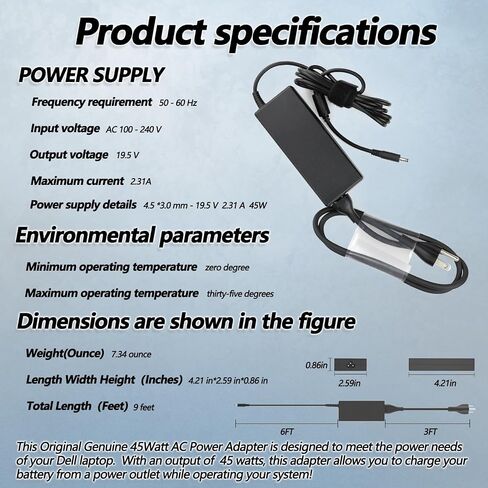 45W Dell AC Adapter Laptop Charger for Dell Inspiron 13 14 15 3000 5000 7000 Series 14-5000 13-7000 13-5000 17-7000 15-3552 3555 3558 3565 3567 5551 5555 5558 5559 Power Supply Cord in Saudi Arabia