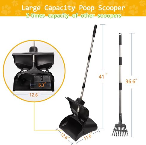 Dog Pooper Scooper for Large Dogs with 36.6" Long Handle,Metal Poop Scooper for Dogs-10.5" Width Stainless Steel Tray and Rake Set,Sturdy Dog Poop Scooper for Yard in Saudi Arabia
