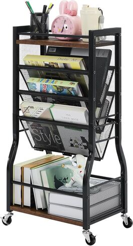 رف كتب متنقل بعجلات من 8 طبقات، عربة تنظيم ملفات منظم المكتب، عربة كتب دوارة مع رف تخزين خزانة كتب يمكن الوصول إليه من الجانبين، رف كتب معدني خشبي متحرك للدراسة، المنزل، المكتب، المدرسة (أبيض) in Kuwait