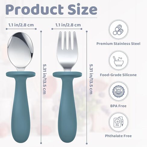 مجموعة أدوات المائدة الفضية للأطفال من Hushee، 60 قطعة، ملاعق وشوك آمنة للأطفال، أدوات مائدة للأطفال للتغذية الذاتية من الفولاذ المقاوم للصدأ مع مقبض سيليكون دائري (ألوان زرقاء متنوعة) in Kuwait