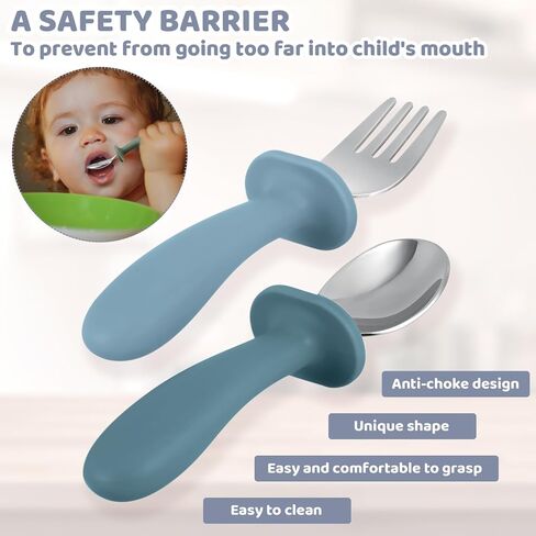 مجموعة أدوات المائدة الفضية للأطفال من Hushee، 60 قطعة، ملاعق وشوك آمنة للأطفال، أدوات مائدة للأطفال للتغذية الذاتية من الفولاذ المقاوم للصدأ مع مقبض سيليكون دائري (ألوان زرقاء متنوعة) in Kuwait