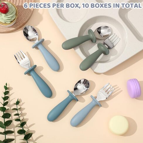 مجموعة أدوات المائدة الفضية للأطفال من Hushee، 60 قطعة، ملاعق وشوك آمنة للأطفال، أدوات مائدة للأطفال للتغذية الذاتية من الفولاذ المقاوم للصدأ مع مقبض سيليكون دائري (ألوان زرقاء متنوعة) in Kuwait