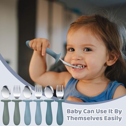 مجموعة أدوات المائدة الفضية للأطفال من Hushee، 60 قطعة، ملاعق وشوك آمنة للأطفال، أدوات مائدة للأطفال للتغذية الذاتية من الفولاذ المقاوم للصدأ مع مقبض سيليكون دائري (ألوان زرقاء متنوعة) in Kuwait