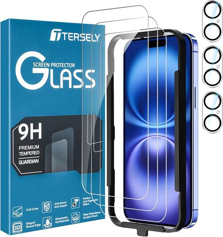 واقي شاشة T Tersely 3+3 لهاتف iPhone 16 Pro Max [6.9 بوصة] مع واقي عدسة الكاميرا وإطار محاذاة التثبيت، مقاوم للخدش، زجاج مقوى عالي الصلابة 9H شفاف - 3 عبوات لكل منها in Kuwait