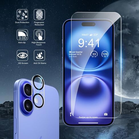 واقي شاشة T Tersely 3+3 لهاتف iPhone 16 Pro Max [6.9 بوصة] مع واقي عدسة الكاميرا وإطار محاذاة التثبيت، مقاوم للخدش، زجاج مقوى عالي الصلابة 9H شفاف - 3 عبوات لكل منها in Kuwait