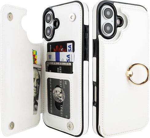 for iPhone 16 Plus Wallet Case with Card Holder, 360° Rotation Ring Kickstand RFID Blocking PU Leather Double Magnetic Clasp Shockproof Cover for Women and Girls 6.7 Inch (White) in Saudi Arabia