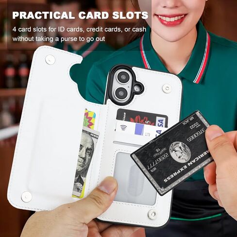 for iPhone 16 Plus Wallet Case with Card Holder, 360° Rotation Ring Kickstand RFID Blocking PU Leather Double Magnetic Clasp Shockproof Cover for Women and Girls 6.7 Inch (White) in Saudi Arabia