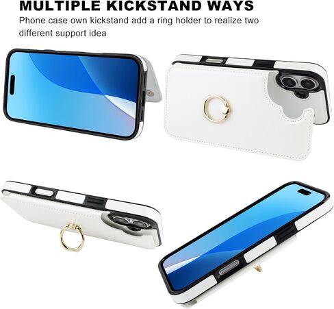 for iPhone 16 Plus Wallet Case with Card Holder, 360° Rotation Ring Kickstand RFID Blocking PU Leather Double Magnetic Clasp Shockproof Cover for Women and Girls 6.7 Inch (White) in Saudi Arabia