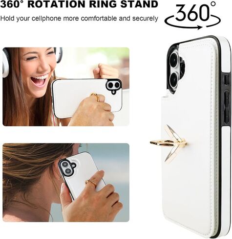 for iPhone 16 Plus Wallet Case with Card Holder, 360° Rotation Ring Kickstand RFID Blocking PU Leather Double Magnetic Clasp Shockproof Cover for Women and Girls 6.7 Inch (White) in Saudi Arabia