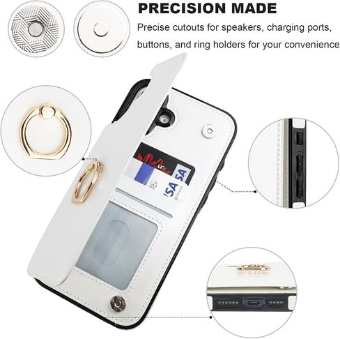 for iPhone 16 Plus Wallet Case with Card Holder, 360° Rotation Ring Kickstand RFID Blocking PU Leather Double Magnetic Clasp Shockproof Cover for Women and Girls 6.7 Inch (White) in Saudi Arabia