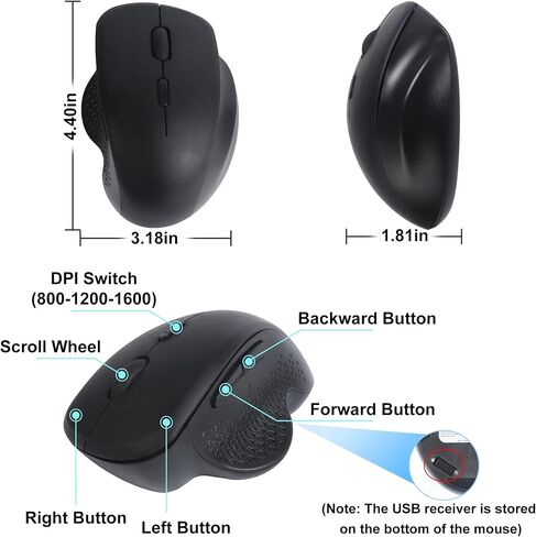 Ergonomic Wireless Mouse Bluetooth & 2.4GHz Dual-Mode Vertical Mouse Rechargeable Silent Ergo Mouse with USB Receiver 3 Adjustable DPI Portable Optical Mouse for Laptop PC Computer Desktop (Black) in Saudi Arabia