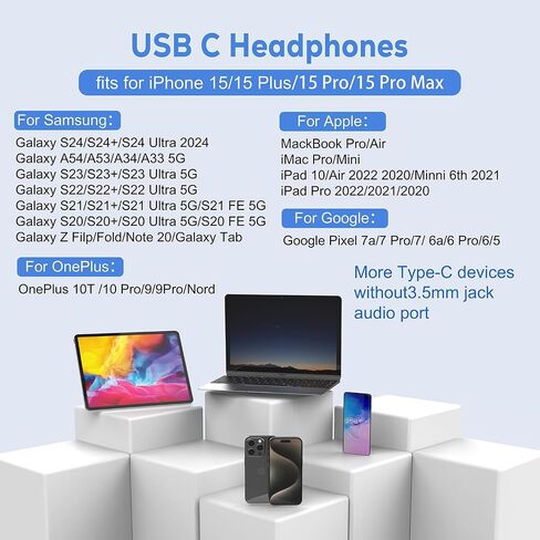 سماعات رأس USB C لأجهزة iPhone 16 Pro سماعات أذن سلكية من النوع C مع ميكروفون وجهاز تحكم عن بعد ستيريو HiFi لأجهزة iPhone 16 Pro/PM/15 وiPad Pro وGalaxy S23/S22/S21/Ultra Note 10/20 وPixel 7/6/6 in Kuwait