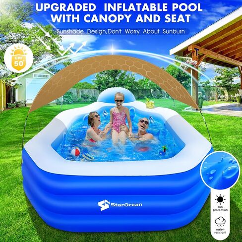 Inflatable Pool with Canopy, 2024 Large Inflatable Swimming Pool for Kids,Adult, Blow Up Pool With Seats,Backrest.Durable Thickened 125"x 75"x 25" Inflatable Family Pool for Backyard,Outdoor in Saudi Arabia