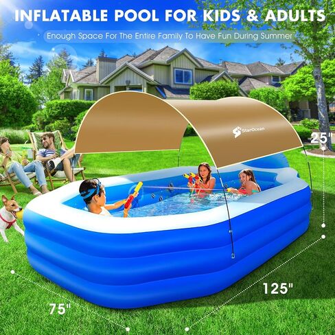 Inflatable Pool with Canopy, 2024 Large Inflatable Swimming Pool for Kids,Adult, Blow Up Pool With Seats,Backrest.Durable Thickened 125"x 75"x 25" Inflatable Family Pool for Backyard,Outdoor in Saudi Arabia