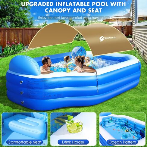 Inflatable Pool with Canopy, 2024 Large Inflatable Swimming Pool for Kids,Adult, Blow Up Pool With Seats,Backrest.Durable Thickened 125"x 75"x 25" Inflatable Family Pool for Backyard,Outdoor in Saudi Arabia