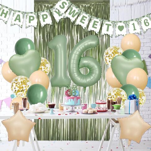 13th Birthday Decorations for Girls Boys, Sage Green Official Teenager Banner 13th Birthday Cake Topper Party Decorations Green Balloons Kit, 13 Years Old Birthday Party Supplies for Teenager and Kids in Saudi Arabia
