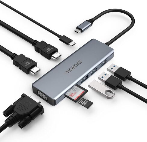 محول محور USB C، محطة إرساء USB C 9 في 1، قاعدة توصيل متعددة المنافذ ثلاثية العرض USB 3.0 مع 2 HDMI، VGA، 3 USB 3.0، 100 واط PD، قارئ بطاقة SD/TF لجهاز Surface Pro، محور الكمبيوتر المحمول، الكمبيوتر اللوحي in Saudi Arabia