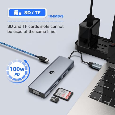 محول محور USB C، محطة إرساء USB C 9 في 1، قاعدة توصيل متعددة المنافذ ثلاثية العرض USB 3.0 مع 2 HDMI، VGA، 3 USB 3.0، 100 واط PD، قارئ بطاقة SD/TF لجهاز Surface Pro، محور الكمبيوتر المحمول، الكمبيوتر اللوحي in Saudi Arabia