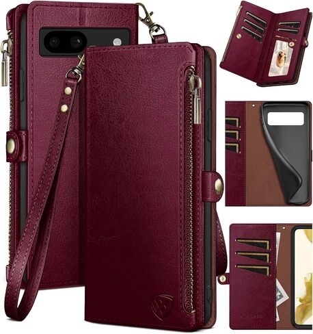 XcaseBar for Google Pixel 8A Wallet case with Zipper Credit Card Holder【RFID Blocking】, Flip Folio Book PU Leather Phone case Shockproof Cover Women Men for Pixel 8A case Wine Red in Saudi Arabia